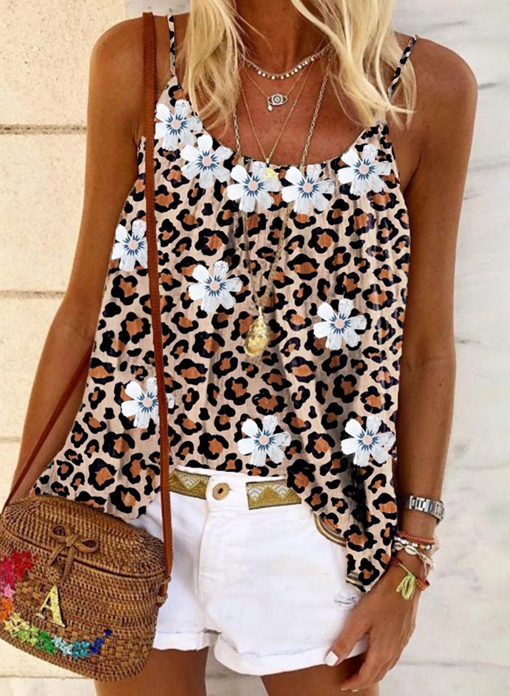 Ladies Popular Flower Leopard Print Sling Shirt