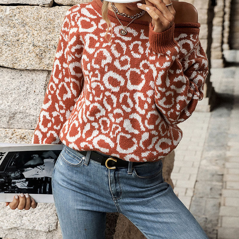 Women's Casual Fashion Jacquard Long Sleeve Leopard Sweater