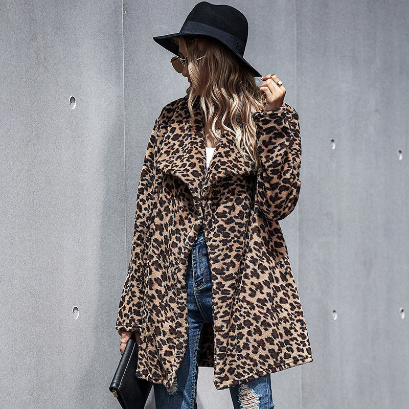 Women's long-sleeved faux fur leopard print casual coat