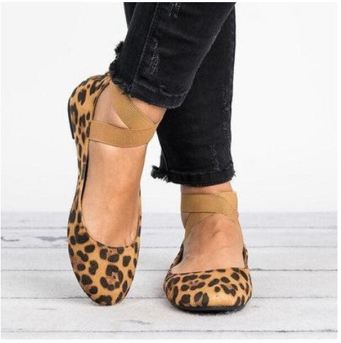 Frauen Frühling Herbst Leopard Print Casual Fashion Weiche Runde Zehe Solide Elastische Riemen Flache Schuhe