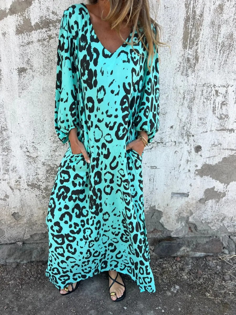 Leopard Print V-neck Printed Long Sleeve Loose Dress Women