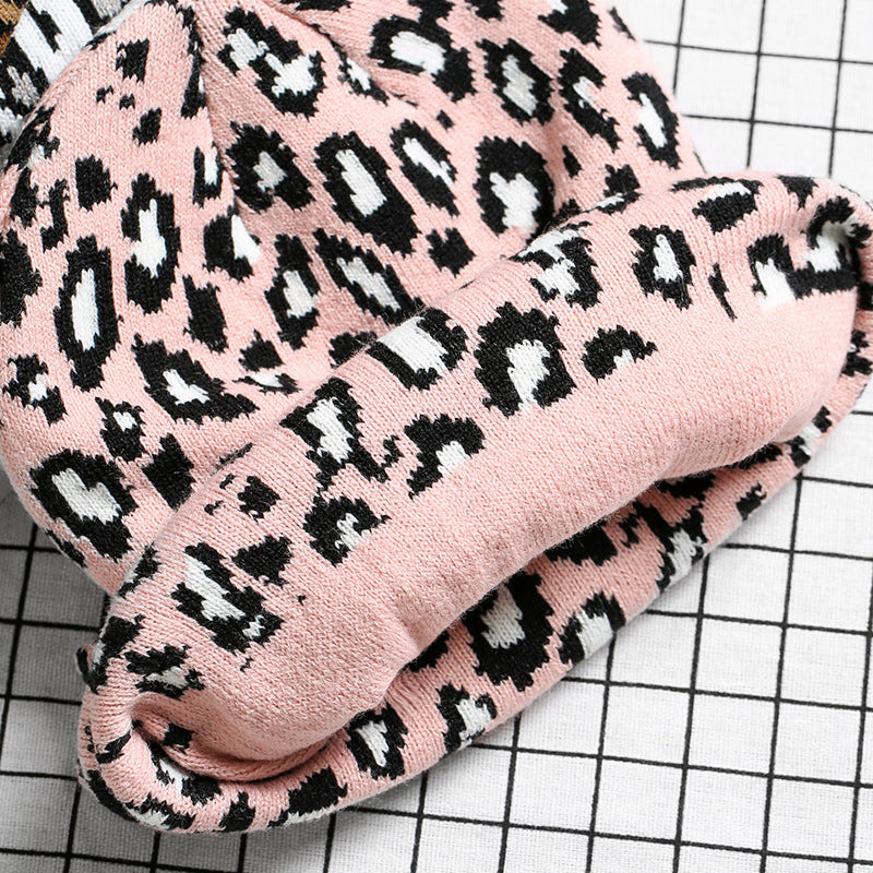 Leopardenmuster Wolle stricken Hut Pullover Mütze Damen Warm Hut