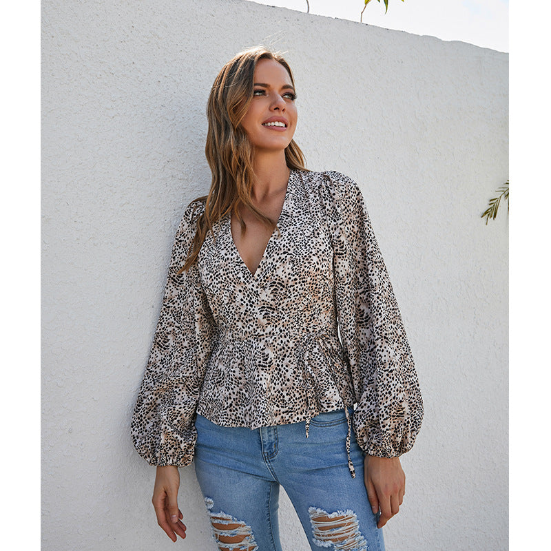 V-neck Lantern Sleeve Leopard Print Temperament Sexy Long-sleeved Top