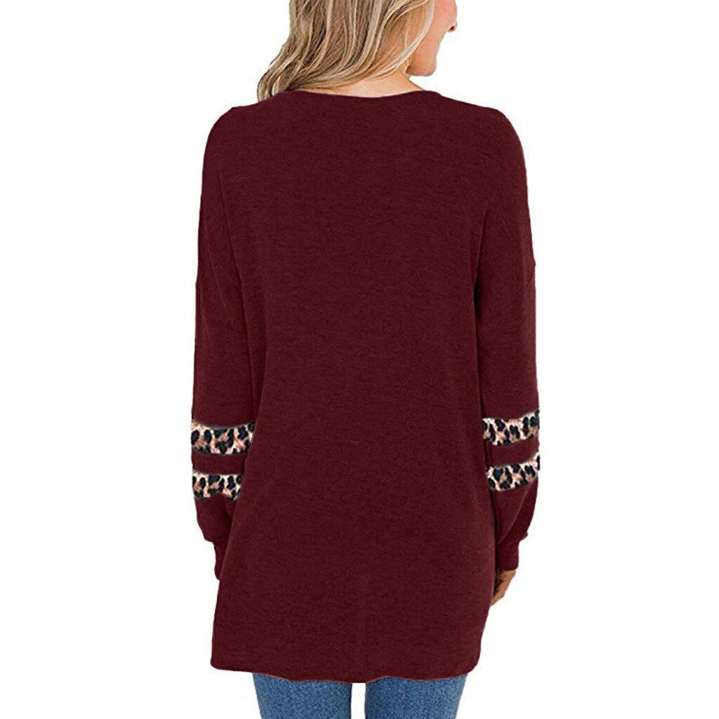 Herbstliches europäisches und amerikanisches T-Shirt mit Leopard print aufgenäht