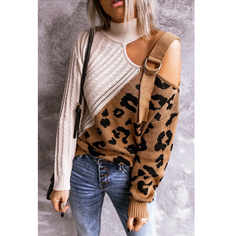 Leopard Pullover Turtleneck Knitted Strap Sweater