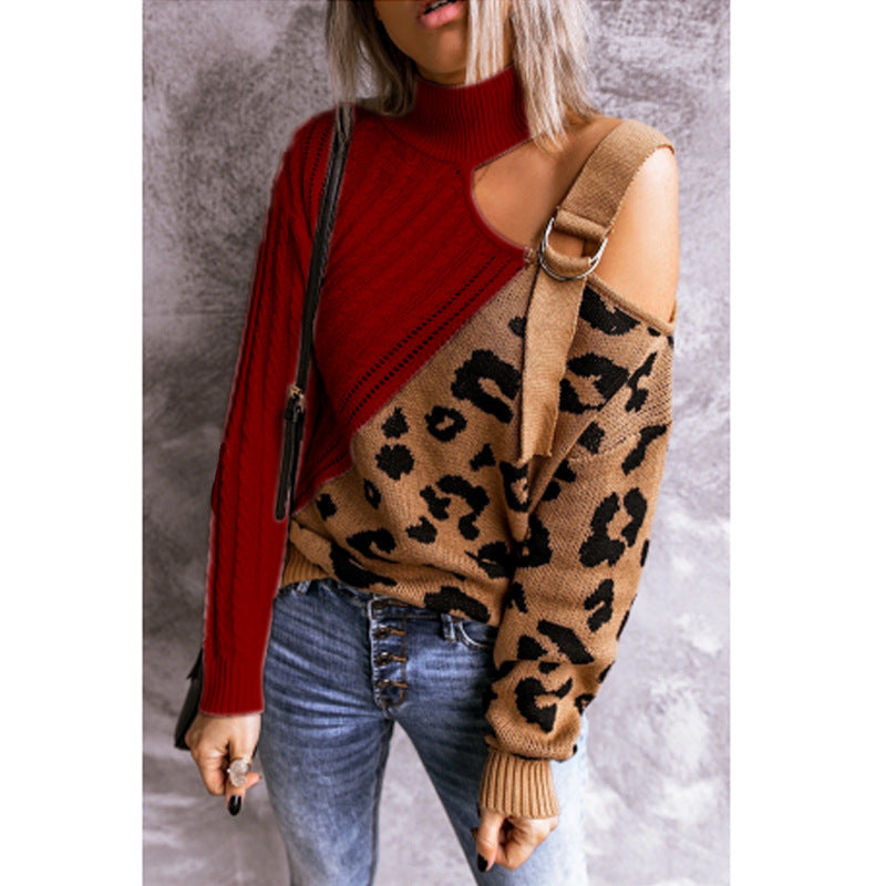 Leopard Pullover Turtleneck Knitted Strap Sweater