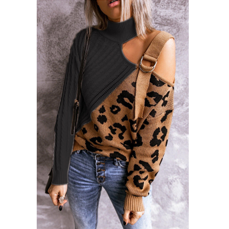Leopard Pullover Turtleneck Knitted Strap Sweater