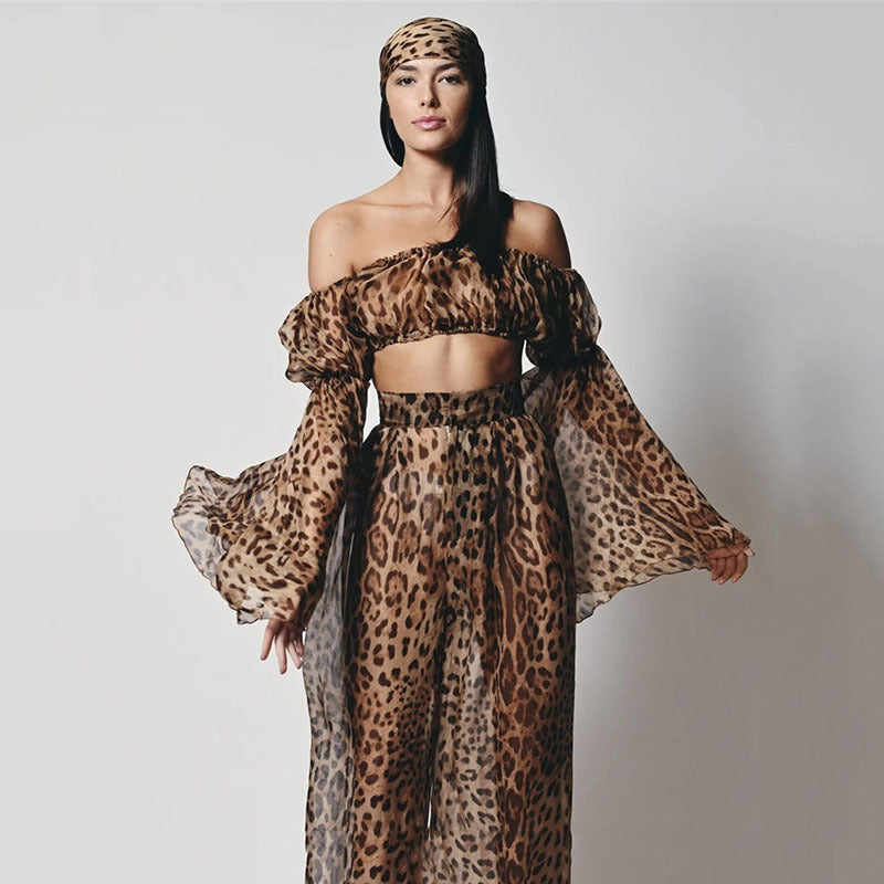 Sexy See-Through Leopard Print Backless Tube Top Zweiteiliger Anzug
