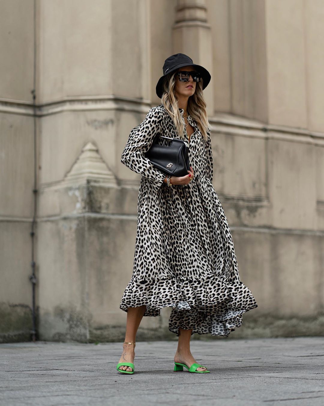 Women's Long Skirt Leopard Print Long Sleeve V-Neck Loose Dress