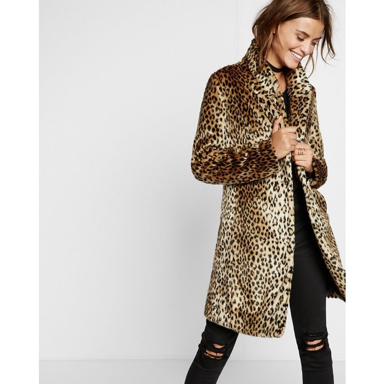 Leopard Print Plush Mid-Length Fur Coat Women's Coat