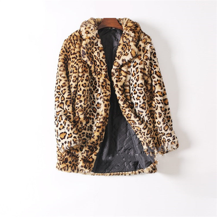 Leopard Print Plush Mid-Length Fur Coat Women's Coat