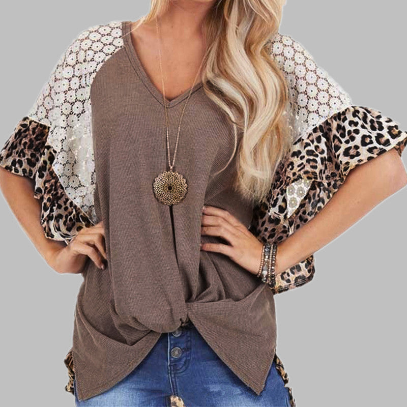 Leopard Style Patchwork T-shirt Women's Loose V-Neck Tops Tee Batwing Ärmel Top Frauen Sommer Kurzarm