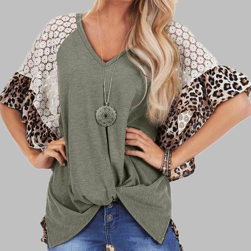 Leopard Style Patchwork T-shirt Women's Loose V-Neck Tops Tee Batwing Ärmel Top Frauen Sommer Kurzarm