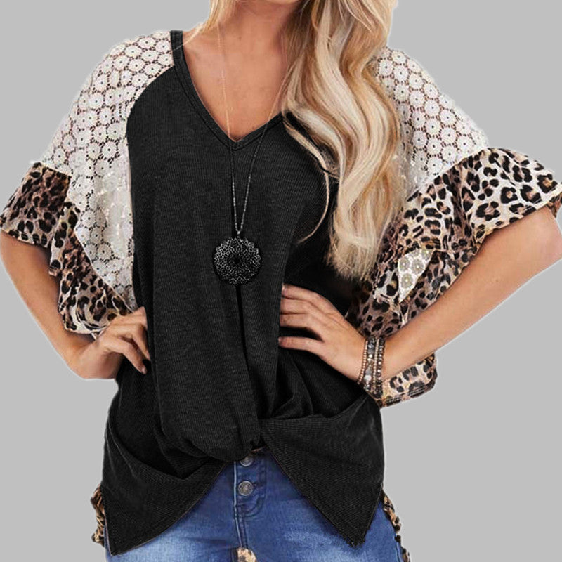 Leopard Style Patchwork T-shirt Women's Loose V-Neck Tops Tee Batwing Ärmel Top Frauen Sommer Kurzarm