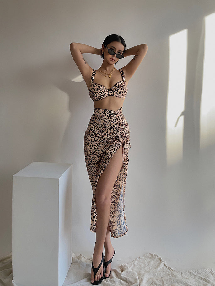 Super Hot Sexy Leopard Print Dress Set With Irregular Drawstring Slit Skirt