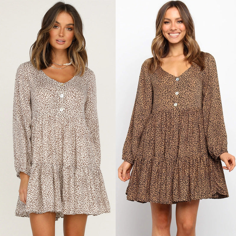 Leopard Print Long Sleeve Loose Dress