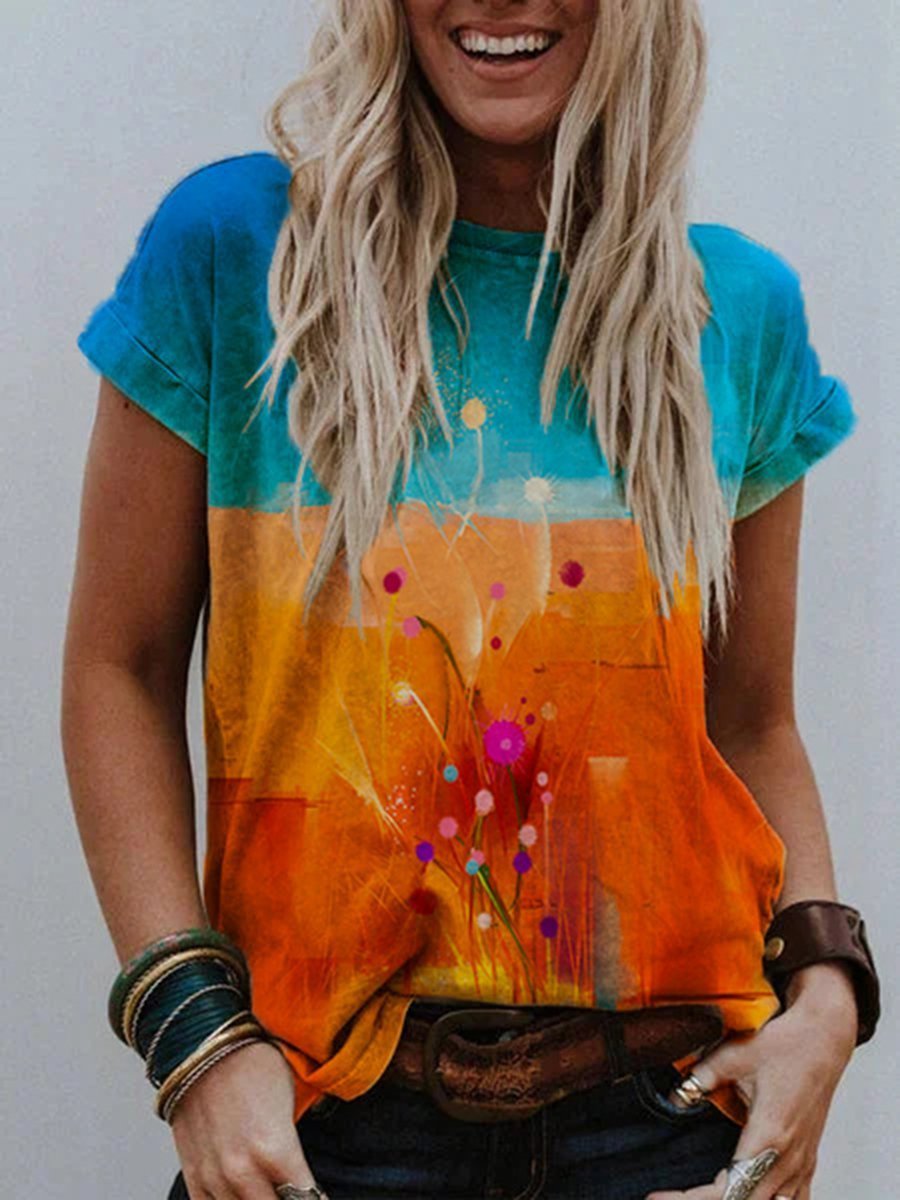 Printed Casual Loose Top Short Sleeve T-shirt Ukraine flag colors