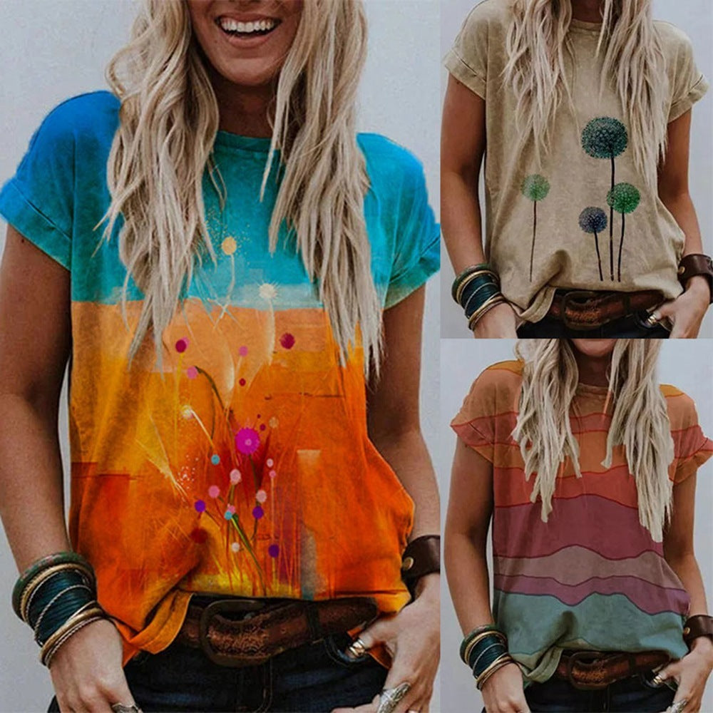 Printed Casual Loose Top Short Sleeve T-shirt Ukraine flag colors