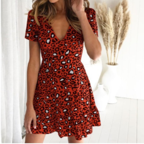 New Spring Women'S Dress Sexy V-Neck Leopard Print Short Sleeve Dress