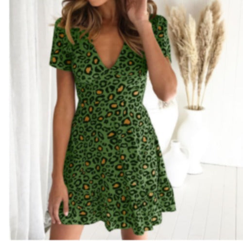 New Spring Women'S Dress Sexy V-Neck Leopard Print Short Sleeve Dress