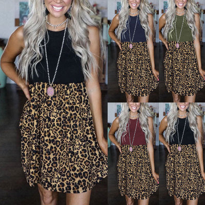 Sommer Neue Leopard Print Stitching ärmellose Weste Kleid