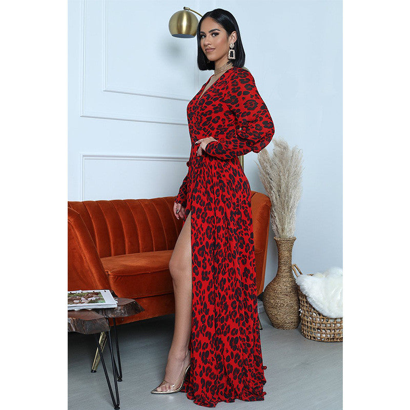 Printed Slit Long Skirt Leopard Print Sexy Deep V Long-sleeved Dress for Her