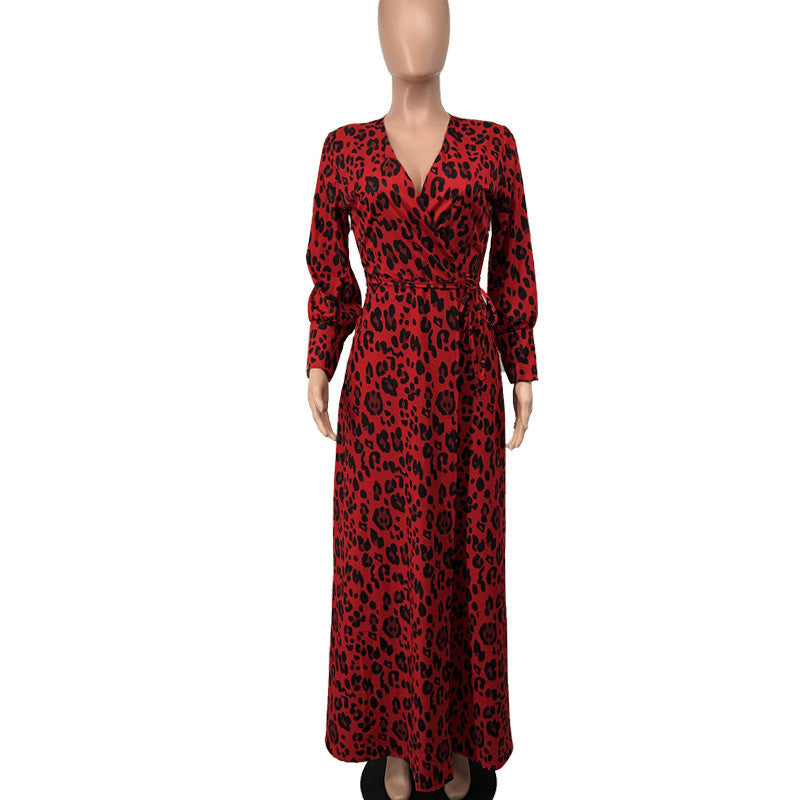Printed Slit Long Skirt Leopard Print Sexy Deep V Long-sleeved Dress for Her