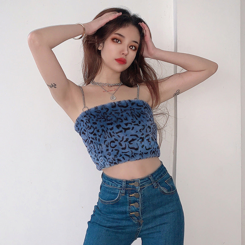Fried Street Style Chain Shoulder Belt Leopard Pattern Hair Suspender Top Women'S Short Careful Machine Bottomed Vest