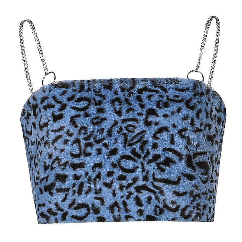 Fried Street Style Chain Shoulder Belt Leopard Pattern Hair Suspender Top Women'S Short Careful Machine Bottomed Vest