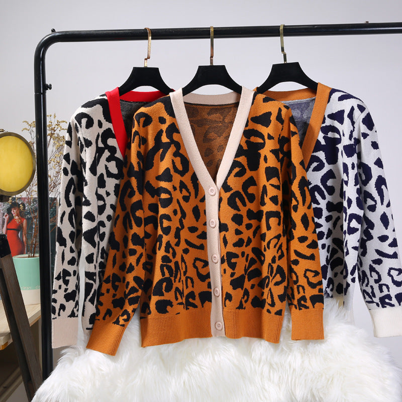 Sweater Jacket Women's Cardigan Loose Leopard Print Jacquard Double Thicken Knit