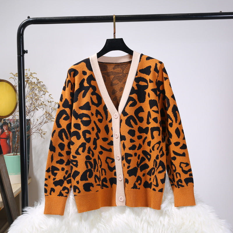 Sweater Jacket Women's Cardigan Loose Leopard Print Jacquard Double Thicken Knit