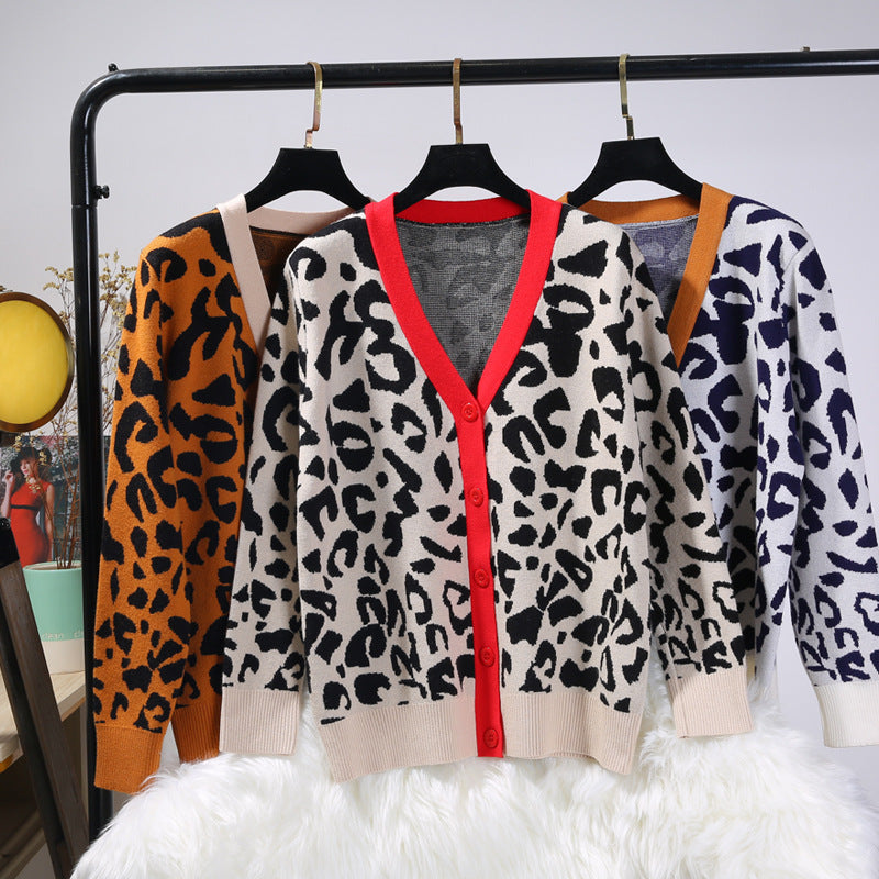 Sweater Jacket Women's Cardigan Loose Leopard Print Jacquard Double Thicken Knit