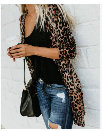 V-neck Long-sleeved Buttoned Leopard Print Coat