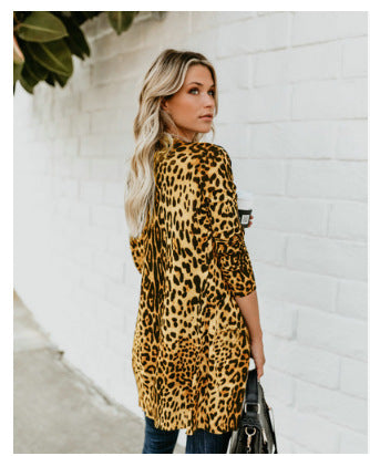 V-neck Long-sleeved Buttoned Leopard Print Coat