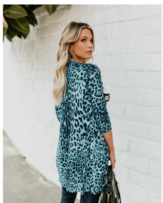 V-neck Long-sleeved Buttoned Leopard Print Coat
