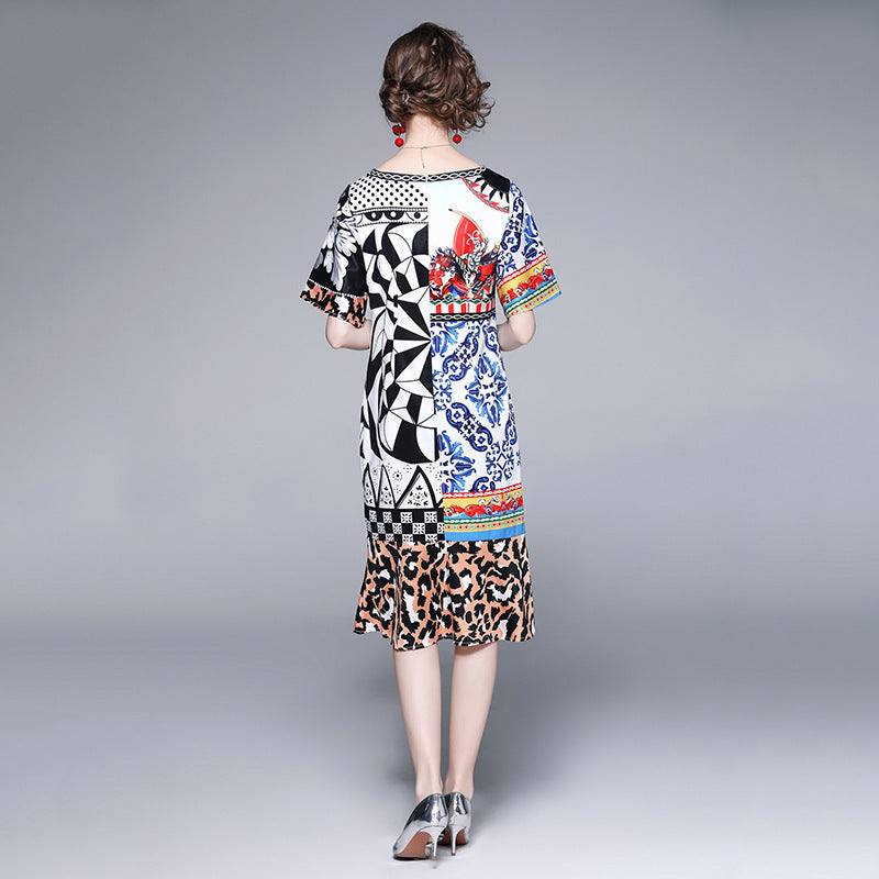 Rundhalsausschnitt Hochwertiges Bedrucktes Kleid Leopard Meerjungfrau-Rock