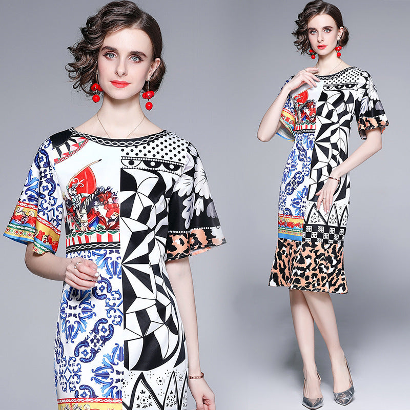 Rundhalsausschnitt Hochwertiges Bedrucktes Kleid Leopard Meerjungfrau-Rock