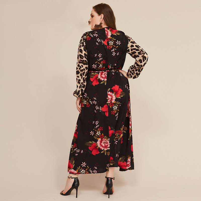 Spring Long Skirt Printed Leopard Print Long-sleeved V-neck Fat Mm Plus Size Women's Dress