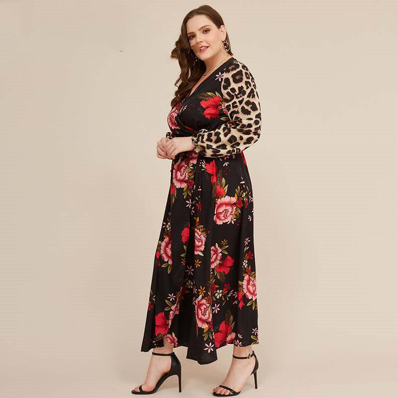 Spring Long Skirt Printed Leopard Print Long-sleeved V-neck Fat Mm Plus Size Women's Dress