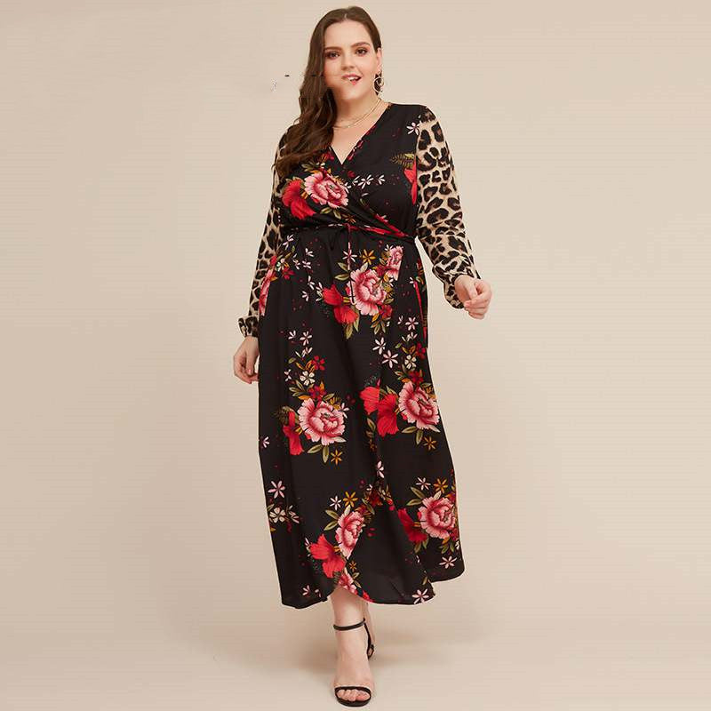 Spring Long Skirt Printed Leopard Print Long-sleeved V-neck Fat Mm Plus Size Women's Dress