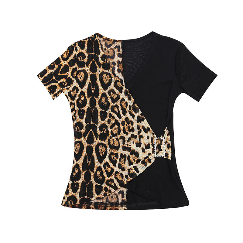 Summer Short Sleeve T Latin National Standard Dance V-Neck Top Leopard Print Sexy Friendship Modern Square Dance Shirt Training Suit