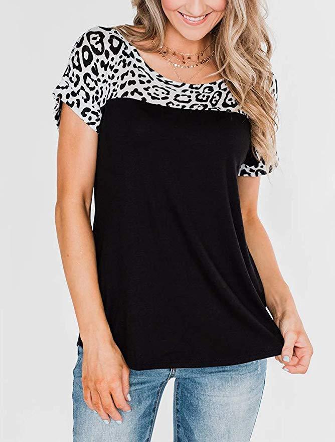 Leopard print stitching short sleeves