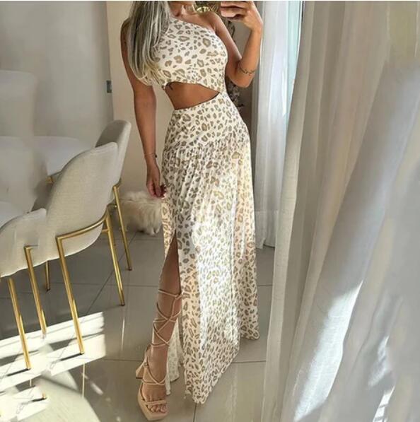 Herbst Frauen ärmelloses Leopard Print Split Sling Kleid