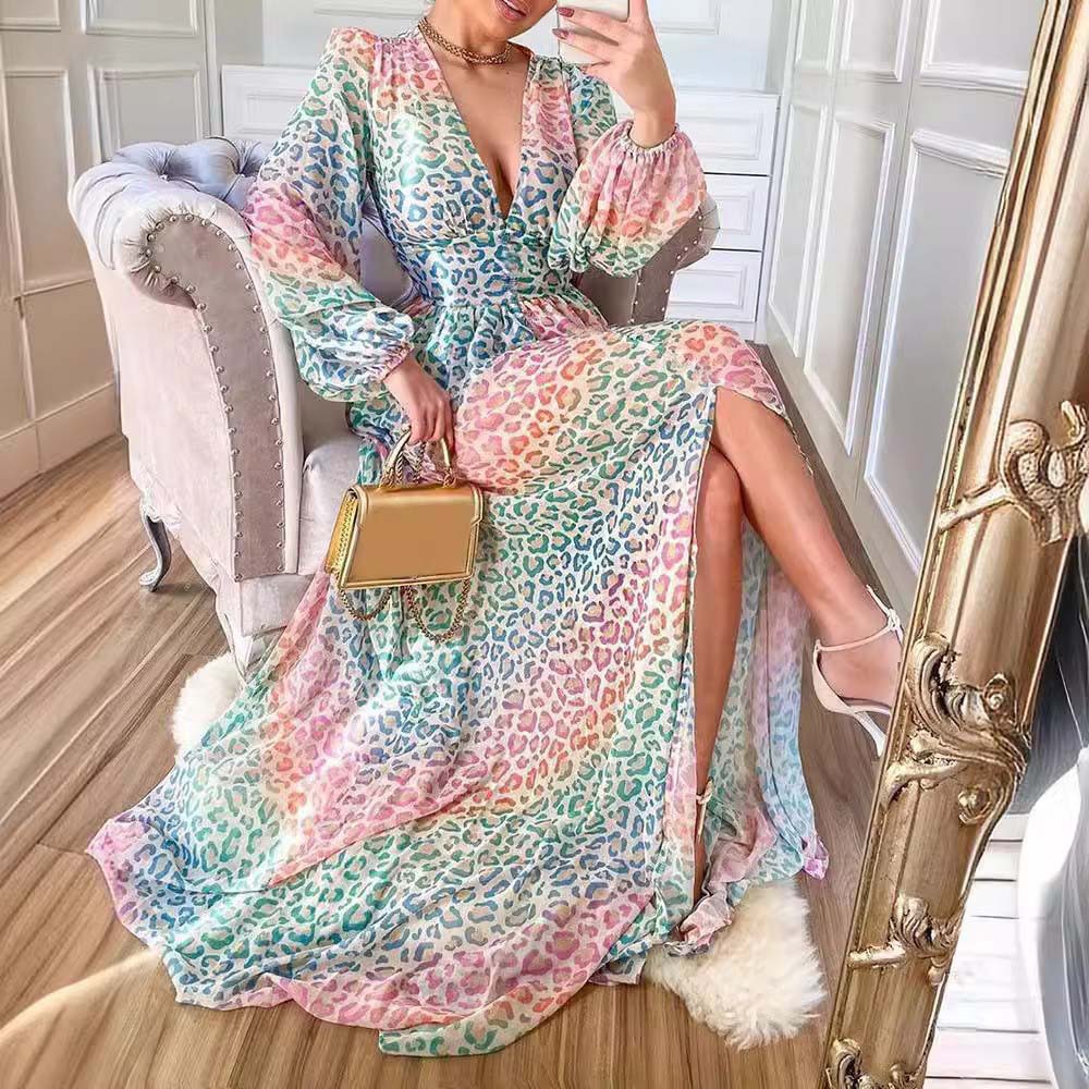 Women's Lantern Sleeve Color Leopard Print Casual Dress