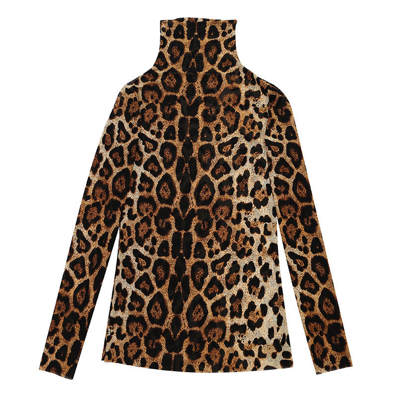 Net gauze leopard print high neck long sleeve