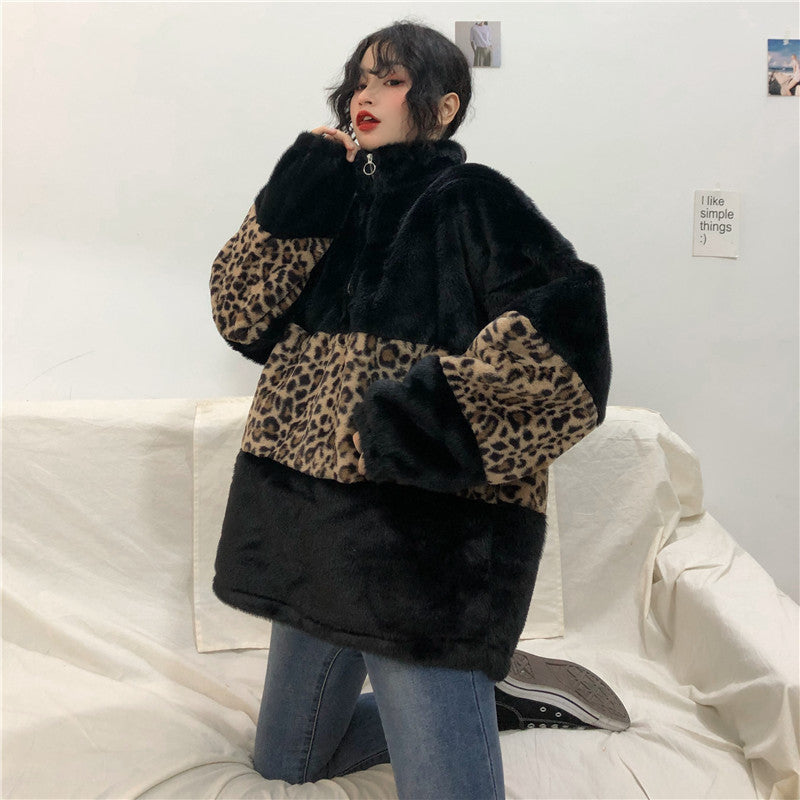 Leopard-patterned turtleneck zip warm sweatshirt