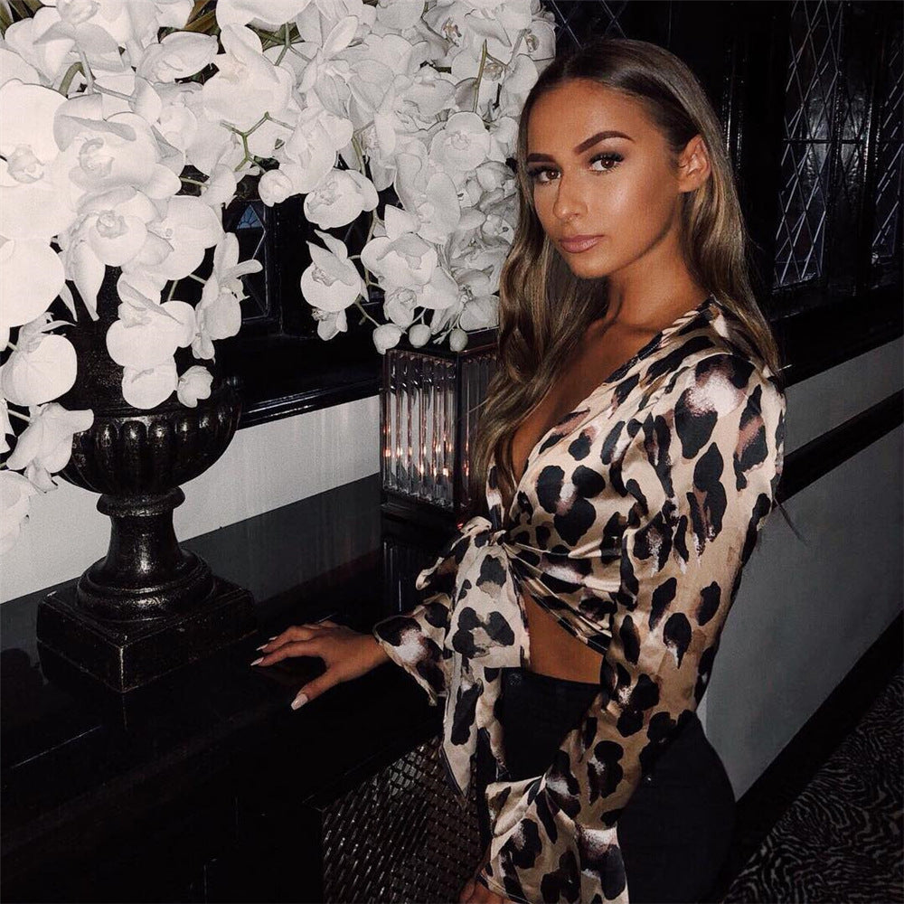 Europe and the United States AliExpress Amazon explosion models eBay foreign trade fashion leopard deep V bow tie trumpet sleeves shirt