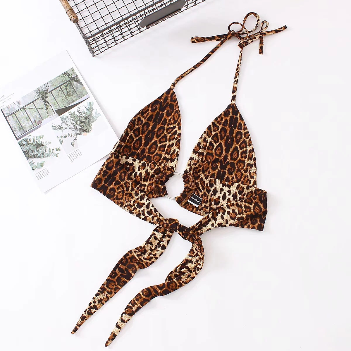 Spring and summer new short bodice European and American leopard sexy hanging neck strap ring  navel bikini