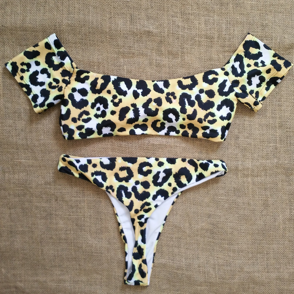 Leopard print strap tube set bikini swimsuit