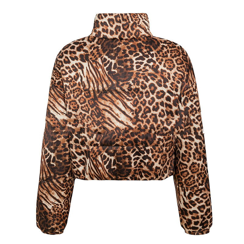 Leopard print high neck warm short coat
